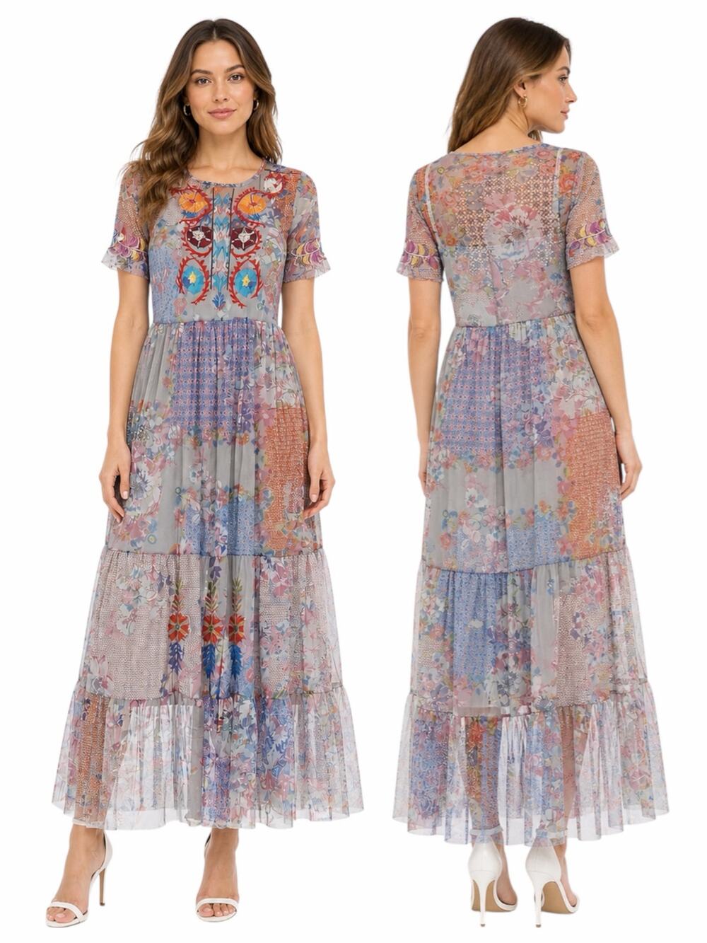 Johnny Was BIYA Kandence Tiered Mesh Dress Floral Embroidery Size M
